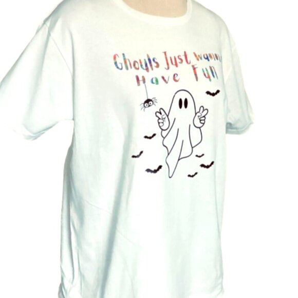 Ghouls Just Wanna Have Fun Graphic Tee Sz L Halloween Ghost Spider Bats 157M - Picture 3 of 8